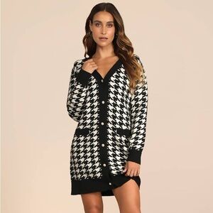 Lulus Truly Iconic Black and White Houndstooth Cardigan Sweater Dress